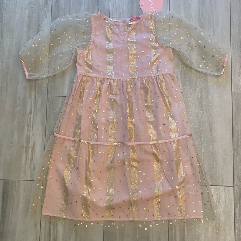 NWT Bisby Madaket Light Pink and Gold Metallic Stripes and Stars Dress, girls 12